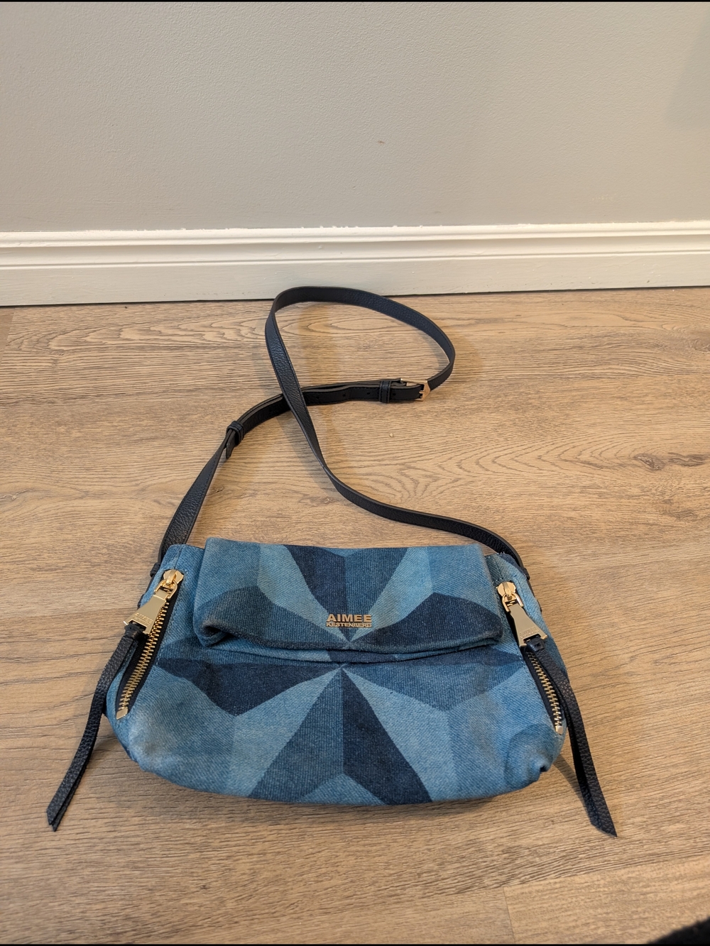 Aimee Kestenberg Blue Geometric Denim Crossbody with Black Strap